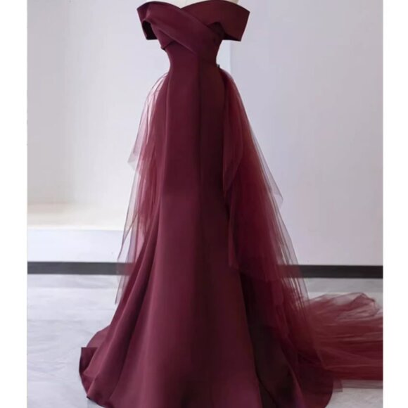 Regal Burgundy Off-Shoulder Mermaid Gown with Corset Back - Picture 2 of 13